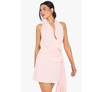 boohoo Women's Tall Linen Look Drape Cowl Wrap Mini Dress in Light Pink | Size: 8