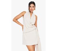 boohoo Women's Tall Linen Look Drape Cowl Wrap Mini Dress in Natural | Size: 6