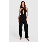 boohoo Women's Tall Linen Look Gold Trim Halterneck Wide Leg Jumpsuit in Black | Size: 14