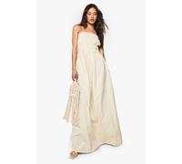 boohoo Women's Tall Linen Look Stripe Shirred Maxi Dress in Ecru | Size: 12