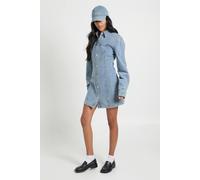 boohoo Women's Tall Long Sleeve Cinched Waist Denim Dress in Mid Blue | Size: 6