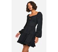 boohoo Women's Tall Long Sleeve Textured Frill Smock Dress in Black | Size: 6