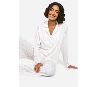 boohoo Women's Tall Pinstripe Bow Print Long Sleeve Shirt & Trousers Pyjama Set in White | Size: 16