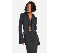 boohoo Women's Tall Pinstripe Lace Up Tailored Shirt in Black | Size: 14