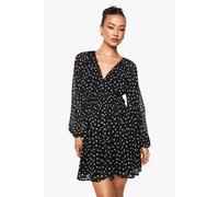 boohoo Women's Tall Polka Dot Chiffon Volume Sleeve Ruched Waist Mini Dress in Black | Size: 10