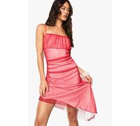 boohoo Women's Tall Polka Dot Mesh Asymmetric Hem Mini Dress in Red | Size: 10
