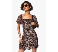 boohoo Women's Tall Printed Chiffon Godet Square Neck Tea Dress in Leopard | Size: 8