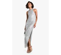 boohoo Women's Tall Racer Neck Beaded Sequin Maxi Dress in Silver | Size: 16
