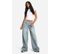 boohoo Women's Tall Raw Waistband Wide Leg Jeans in Vintage Blue | Size: 10