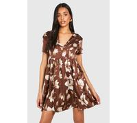 boohoo Women's Tall Satin Floral V Neck Smock Dress in Chocolate | Size: 8