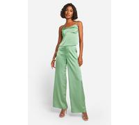 boohoo Women's Tall Satin Wide Leg Trousers in Khaki | Size: 14