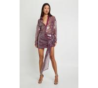 boohoo Women's Tall Sheer Sequin Draped Mini Shirt Dress in Wine | Size: 16