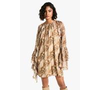 boohoo Women's Tall Snake Ruffle Flare Sleeve Mini Shift Dress in Natural | Size: 12