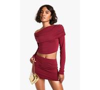 boohoo Women's Tall Soft Peached Jersey Asymmetric Top & Mini Skirt Co-Ord in Wine | Size: 16