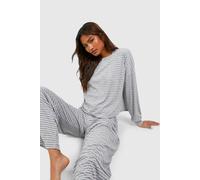 boohoo Women's Tall Stripe Long Sleeve Top & Trousers Pyjama Set in Grey | Size: 16