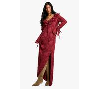 boohoo Women's Tall Textured Flare Sleeve Maxi Dress in Berry | Size: 10