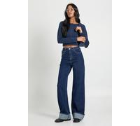 Boohoo Tall Turn Up High Waist Straight Leg Jean In Indigo indigo 16