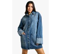 boohoo Women's Tall Utility Turn Cuff Denim Oversized Shirt Dress in Blue | Size: 6