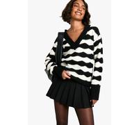 boohoo Women's Tall V Neck Stripe Oversized Knitted Jumper in Black | Size: Large