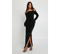 boohoo Women's Tall Velvet Sequin Bardot Maxi Dress in Black | Size: 10
