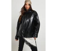 boohoo Women's Teddy Lined Faux Leather Bomber Jacket in Black | Size: 12