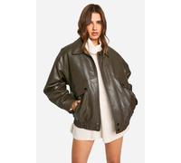 boohoo Women's Teddy Lined Faux Leather Oversized Bomber Jacket in Brown | Size: 14