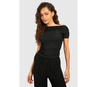 boohoo Women's Textured Bardot Ruched Jeans Grazer Top in Black | Size: 6