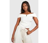 boohoo Women's Textured Bardot Ruched Top in Cream | Size: 10