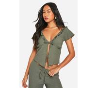 boohoo Women's Textured Cap Sleeve Frill Top in Sage | Size: 12