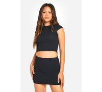 boohoo Women's Textured Cap Sleeve Lettuce Hem Top in Black | Size: 14