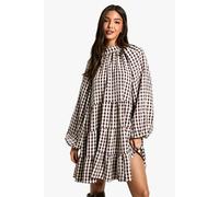 boohoo Women's Textured Check Smock Dress in Brown | Size: 8