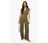 boohoo Women's Textured Cinched Waist Cap Sleeve Top & Trouser Co Ord in Khaki | Size: 14