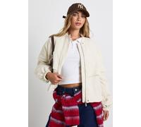 boohoo Women's Textured Collarless Bomber Jacket in Cream | Size: 16
