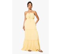 boohoo Women's Textured Crinkle Strappy Tiered Mini Dress in Lemon | Size: 14