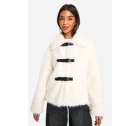 boohoo Women's Textured Faux Fur Buckle Detail Jacket in Cream | Size: 10