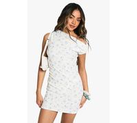 boohoo Women's Textured Floral Draped Neck Mini Dress in Ivory | Size: 10