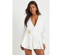 boohoo Women's Textured Gold Trim Drop Hem Shirt Dress in White | Size: 14