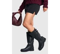 boohoo Women's Textured Leather Look Biker Buckle Detail Boots in Black | Size: 3