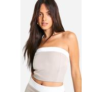 boohoo Women's Textured Linen Look Contrast Fitted Bandeau in Taupe | Size: 14