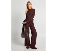 boohoo Women's Textured Long Sleeve Lettuce Hem Top & Trouser Co Ord in Chocolate | Size: 12