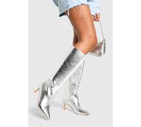 boohoo Women's Textured Metallic Column Knee High Boots in Silver | Size: 4
