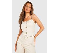 boohoo Women's Textured Mock Horn Square Neck Top in Sand | Size: 14