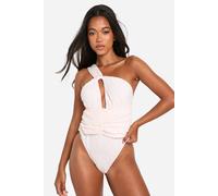 boohoo Women's Textured One Shoulder Cut Out Swimsuit in Ivory | Size: 8