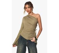 boohoo Women's Textured One Shoulder Ruched Top in Olive | Size: 14