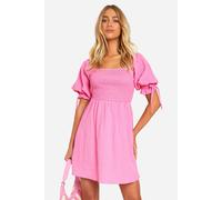 boohoo Women's Textured Puff Sleeve Smock Dress in Pink | Size: 10