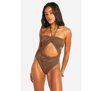 boohoo Women's Textured Ruched Cut Out Swimsuit in Brown | Size: 6