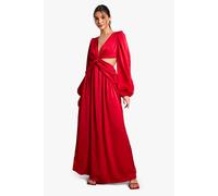 boohoo Women's Textured Satin Cut Out Plunge Maxi Dress in Red | Size: 10