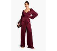 boohoo Women's Textured Satin Wrap Jumpsuit in Plum | Size: 14
