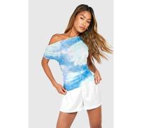 boohoo Women's Textured Sheer Asymmetric Ruched Top in Light Blue | Size: 8