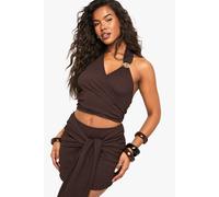 boohoo Women's Textured Shell Trim Detail Halterneck Wrap Top in Chocolate | Size: 16
